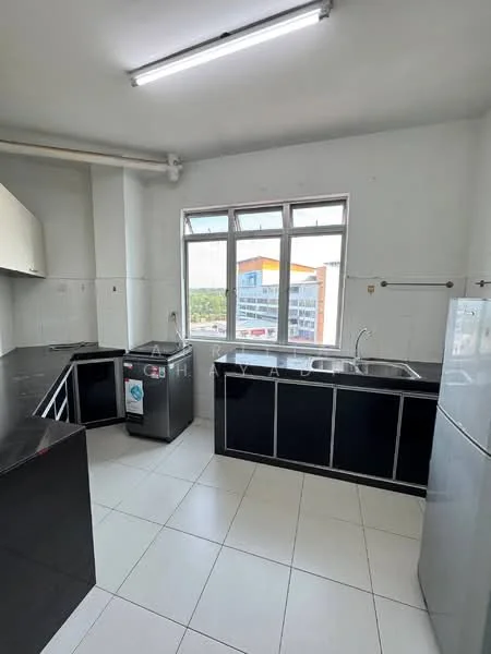 Kitchen features: black cabinetry, white tiled walls, white tiled flooring, stainless-steel sink, chrome faucet, built-in oven, refrigerator, countertop space, multiple windows, under-cabinet lighting, open layout; style: modern; view: city.