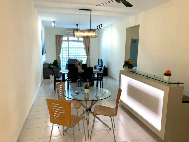 Dining features: glass dining table, 4 wooden dining chairs, pendant light fixture, white walls, tile flooring, decorative plant on table, open layout, natural light from window; style: modern; view: city. Living features: sofa, armchair, coffee table, floor lamp, curtains, air conditioning unit, wall-mounted artwork; style: modern; view: city.