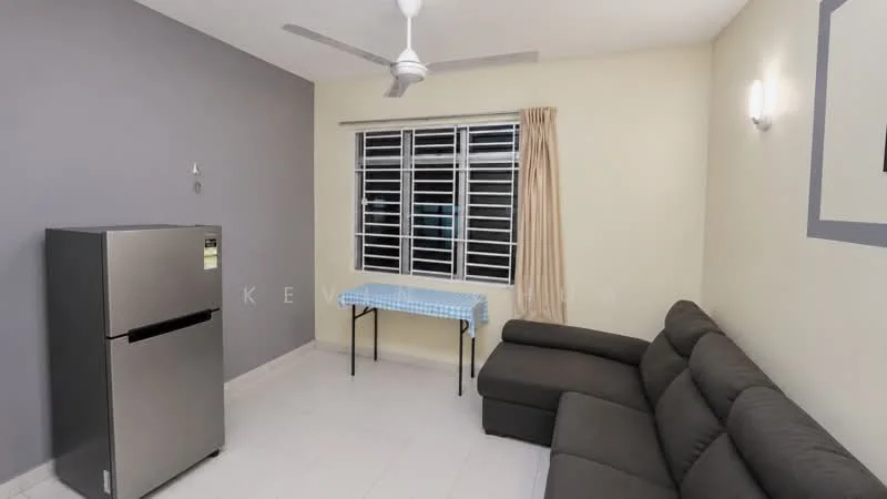 Living features: grey accent wall, cream painted walls, floor-to-ceiling windows, white sheer curtains, 3-seater fabric sofa in dark grey, ceiling fan, tile flooring, small table, stainless-steel fridge; style: modern.
