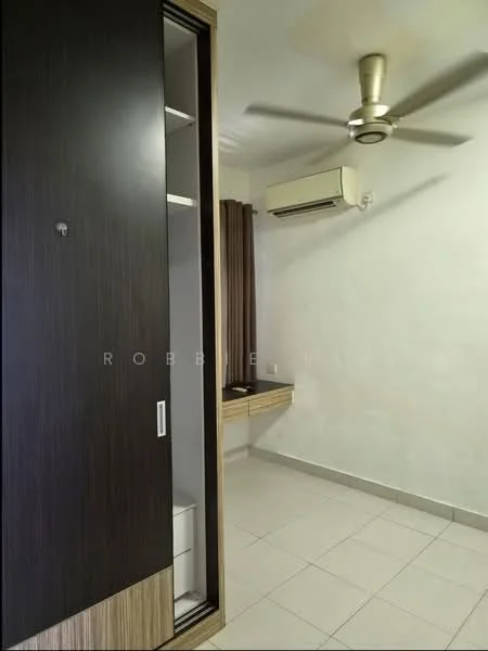 Room features: built-in wardrobe with sliding doors, white walls, ceiling fan with light, wall-mounted split AC, tile flooring, window with curtains, shelf unit, light switch; style: modern.
