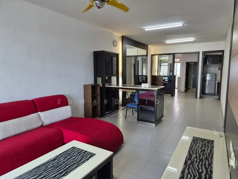 Living features: red fabric sofa, white upholstered sofa, coffee table with black and white pattern, ceiling fan with light, wall clock, tile flooring, open layout to dining area, large mirror, built-in cabinetry, dining table with chairs, refrigerator visible in background; style: modern.