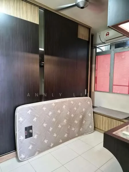 Room features: dark wood cabinetry, sliding wardrobe doors, white tiled flooring, ceiling fan, window with red mesh curtains, mattress leaning against wall, built-in countertop, light wood accents; style: modern.