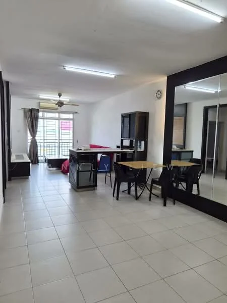 Living features: white painted walls, tile flooring, 5-blade ceiling fan with light, floor-to-ceiling windows, curtains, dining table with four chairs, kitchen island with seating, built-in cabinetry, microwave, refrigerator, clock on wall, mirror wall, open layout; style: modern.