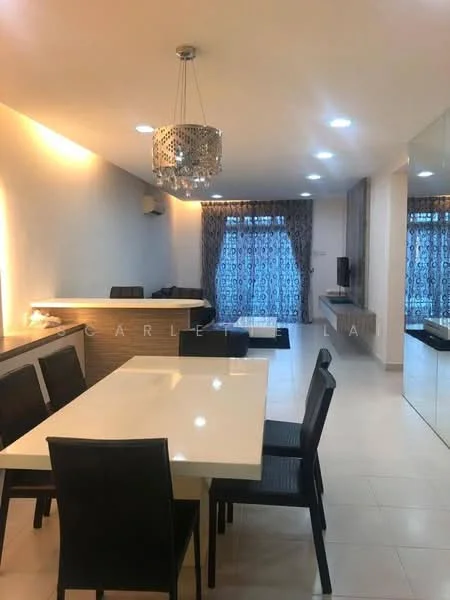 Dining features: white dining table, black dining chairs, chandelier light fixture, cream painted walls, recessed ceiling lights, floor-to-ceiling windows with patterned curtains, open-plan layout to living area, mirrored wall, tile flooring; style: modern.