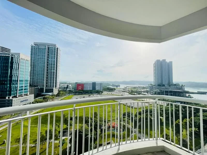 Balcony features: curved balcony railing, concrete flooring, panoramic city view, view of water, view of surrounding buildings, outdoor space; style: modern; view: city.