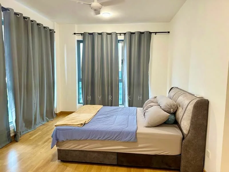 Bedroom features: queen-size bed, upholstered headboard, light blue bedspread, decorative pillows, wooden flooring, floor-to-ceiling windows, grey curtains, ceiling fan with light, wall-mounted light switch; style: modern.