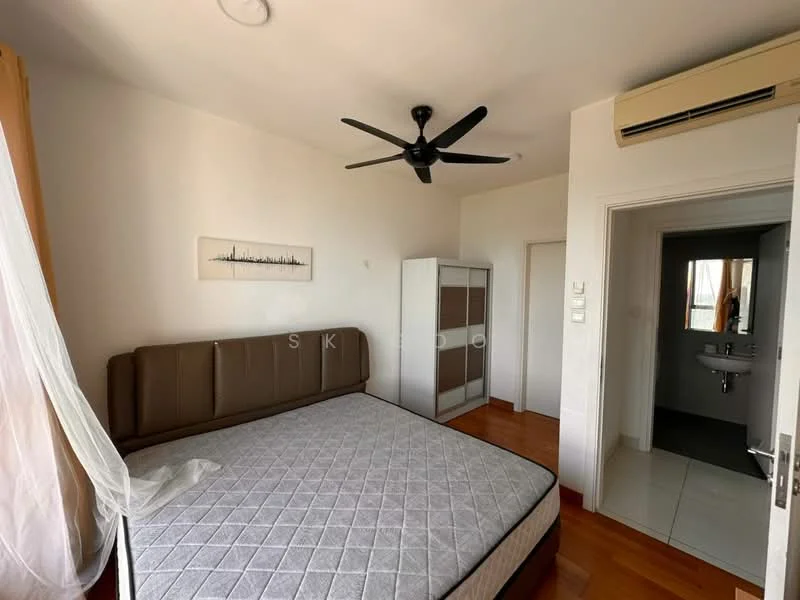 Bedroom features: queen-size bed, upholstered headboard, wooden flooring, 5-blade ceiling fan, floor-to-ceiling window with sheer curtains, built-in wardrobe, decorative wall art, air conditioning unit; style: modern. Bathroom features: sink with faucet, mirror, white tiled flooring, toilet, shower area.
