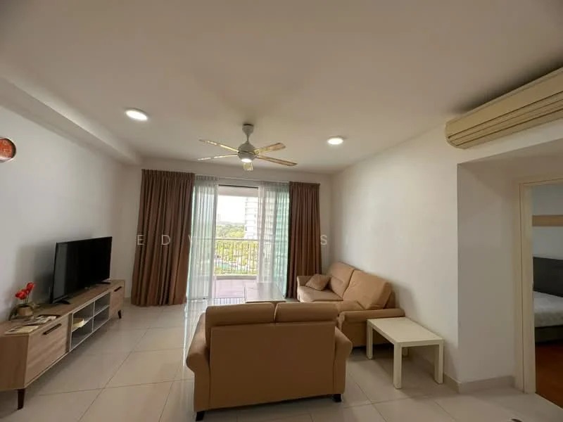 Living features: 3-seater leather sofa, 2-seater leather sofa, coffee table, wall-mounted TV, TV console, ceiling fan, recessed downlights, floor-to-ceiling windows, curtains, light-colored tiled flooring, air conditioning unit; style: modern; view: city.
