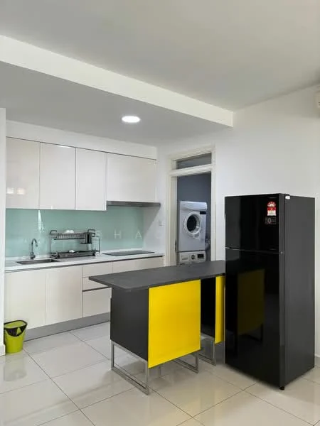 Kitchen features: white flat-panel cabinets, grey countertop, stainless-steel sink, chrome pull-down faucet, black refrigerator, built-in oven, ceramic tile flooring, recessed downlights, green backsplash, kitchen island with yellow accent, open shelving, washing machine visible in adjacent room; style: modern.