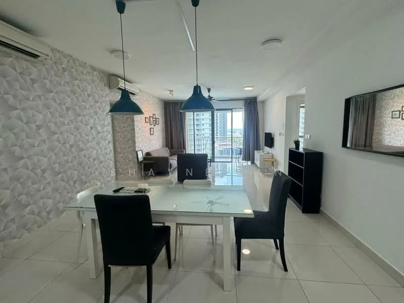 Dining features: white dining table, 4 upholstered dining chairs in black, pendant lights in blue, white tiled flooring, feature wall with geometric pattern, floor-to-ceiling windows, curtains in grey, wall-mounted mirror, air conditioning unit; style: modern; view: city. Living features: fabric sofa in brown, coffee table, TV console, wall-mounted TV, decorative wall with patterned wallpaper; style: modern; view: city.