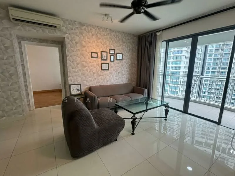 Living features: cream painted walls, textured accent wall, glossy tile flooring, 5-blade ceiling fan, sofa in brown fabric, glass coffee table, floor-to-ceiling windows, sliding glass door, curtains, air conditioning unit; style: modern; view: city.