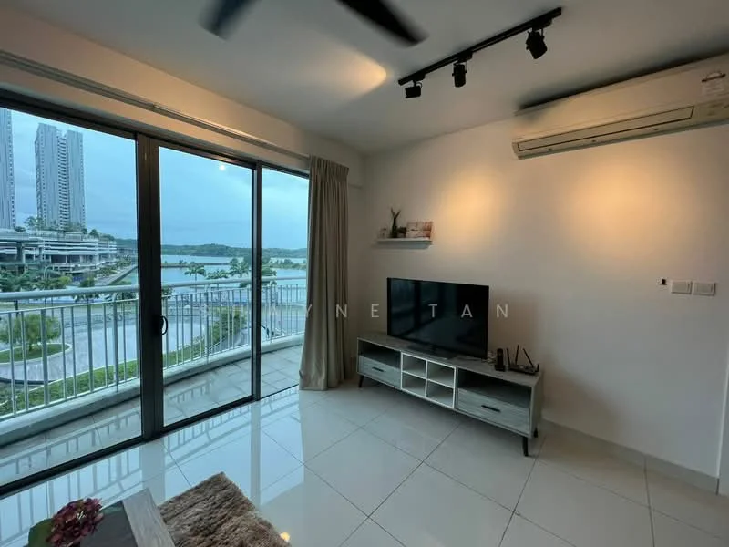 Living features: floor-to-ceiling windows, sliding glass door, white painted walls, recessed downlights, 5-blade ceiling fan, TV console, wall-mounted TV, light-colored flooring, decorative shelf, curtains, area rug; style: modern; view: city.