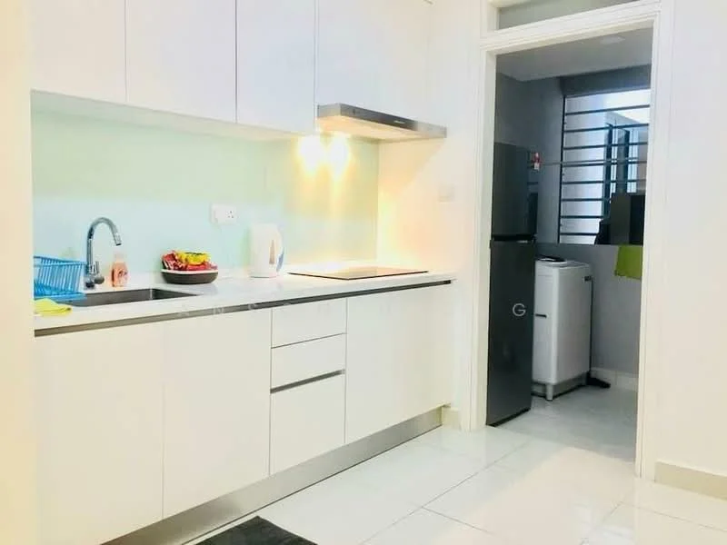 Kitchen features: white cabinetry, stainless-steel sink, chrome pull-down faucet, electric stove, white countertop, refrigerator, built-in microwave, tile backsplash, ceramic tile flooring, under-cabinet lighting; style: modern.