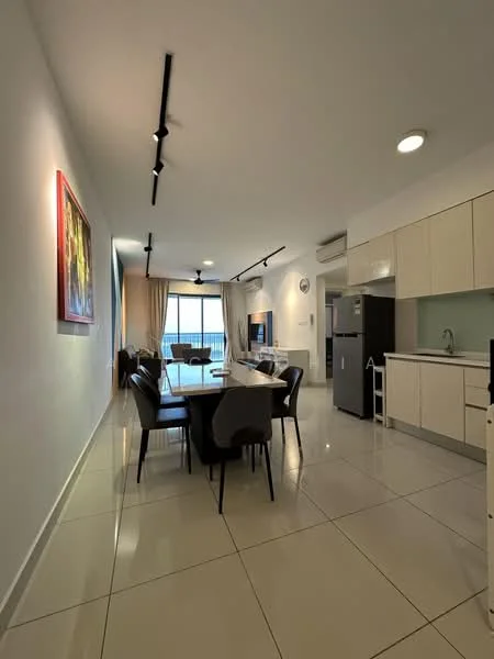 Dining features: 6-seater dining table, upholstered dining chairs, white painted walls, recessed downlights, large window with city view, sliding glass door, ceramic tile flooring, kitchen cabinetry, stainless-steel fridge, single-bowl stainless-steel sink, chrome pull-down faucet, white cabinetry with flat-panel design; style: modern; view: city.