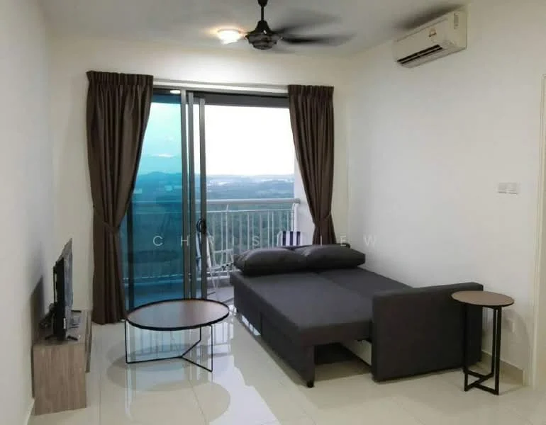 Living features: floor-to-ceiling windows, sliding glass door, brown curtains, 5-blade ceiling fan with light, wall-mounted TV, grey fabric sofa bed, round coffee table, side table, white painted walls, glossy tile flooring, air conditioning unit; style: modern; view: city.
