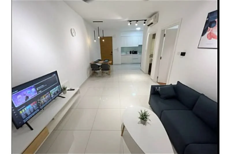 Living features: white painted walls, glossy ceramic tile flooring, 5-blade ceiling fan with light, wall-mounted TV, TV console in light wood, sofa in navy blue fabric, coffee table in white, decorative plant on coffee table, dining area with round table and chairs, recessed LED downlights, open layout to kitchen, doorway leading to kitchen, doorway leading to hallway; style: modern.