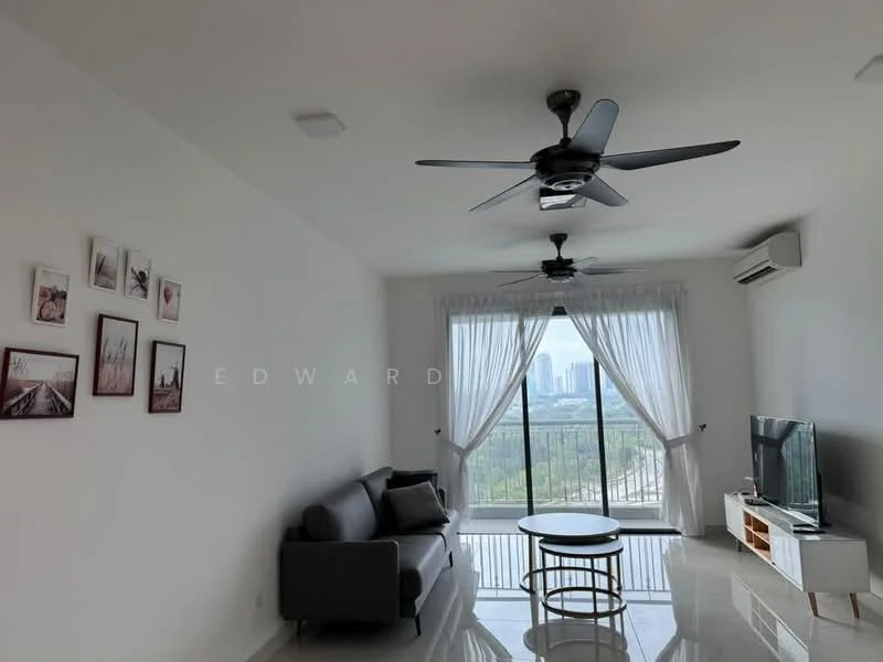Living features: white painted walls, glossy tile flooring, 5-blade ceiling fan with light, floor-to-ceiling windows, sheer curtains, grey fabric sofa, round coffee table, wall-mounted TV, TV console, decorative wall art, air conditioning unit; style: modern; view: city.