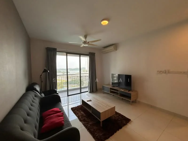 Living features: 3-seater fabric sofa in black, red accent cushions, wood coffee table, area rug in brown, wall-mounted TV, TV console in light wood, floor-to-ceiling sliding glass door, ceiling fan with light, air conditioning unit, neutral painted walls, tile flooring; style: modern; view: city.