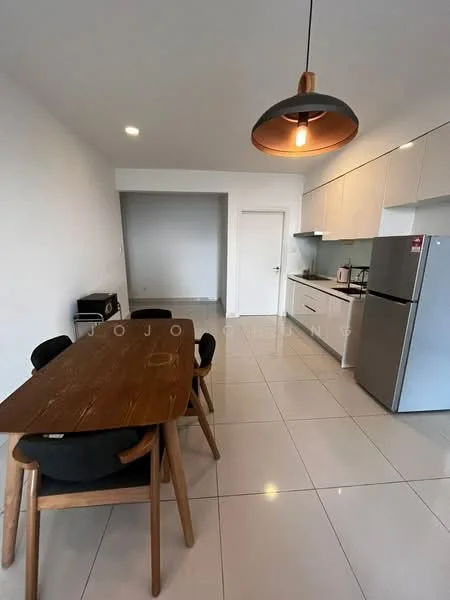 Kitchen features: white cabinets, stainless-steel fridge, built-in oven, ceramic tile flooring, pendant light fixture, wood dining table, black upholstered dining chairs, white countertop, kitchen sink, microwave, wall-mounted cabinets, open layout; style: modern.