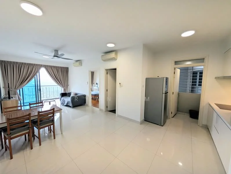 Living features: white painted walls, glossy ceramic tile flooring, 5-blade ceiling fan with light, floor-to-ceiling windows, curtains, dining table with four chairs, sofa, refrigerator, open layout to kitchen, air conditioning unit; style: modern; view: city. Kitchen features: white cabinetry, countertop, sink, built-in oven, stainless-steel refrigerator, open layout to living area; style: modern. Bedroom features: queen-size bed, built-in wardrobe, window, air conditioning unit; style: modern. Bathroom features: toilet, sink, shower, tile cladding, mirror; style: modern.