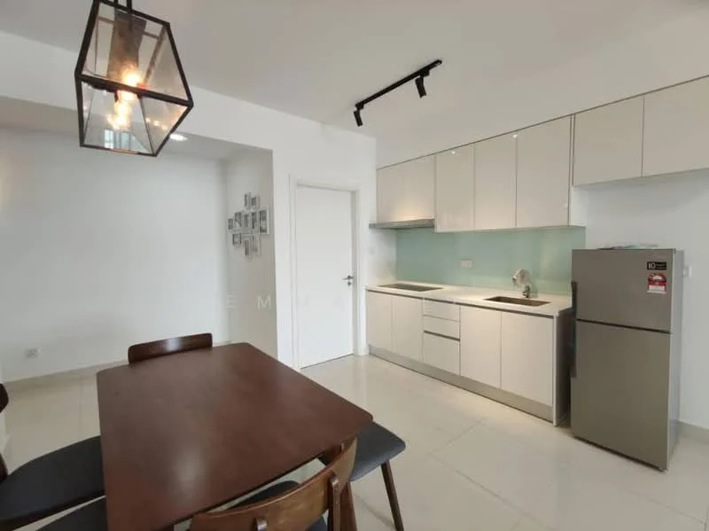 Kitchen features: white cabinetry, light blue backsplash, stainless-steel sink, chrome pull-down faucet, built-in oven, freestanding range oven, stainless-steel fridge, countertop with storage, recessed downlights, dining table with wooden finish, 4 dining chairs, white tile flooring; style: modern.