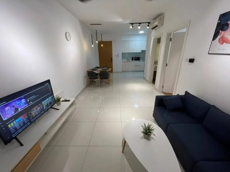 Living features: white painted walls, glossy tile flooring, 5-blade ceiling fan with light, wall-mounted TV, TV console, blue fabric sofa, white coffee table, decorative plant on coffee table, dining table with two chairs, recessed LED downlights, air conditioning unit; style: modern. Kitchen features: white cabinetry, black countertop, built-in oven, stainless-steel fridge, ceramic cooktop, sink with faucet, open shelving, tile backsplash; style: modern.