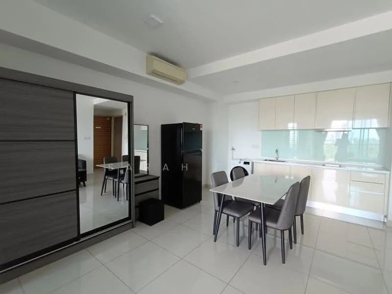 Kitchen features: white cabinetry, grey laminate cabinetry, black fridge, white countertop, stainless-steel sink, chrome pull-down faucet, 4-burner gas hob, built-in oven, dining table with 6 chairs, floor-to-ceiling windows, tile flooring, air conditioning unit; style: modern; view: city. Room features: mirror sliding door wardrobe, black storage unit.