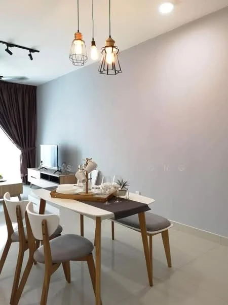 Dining features: white dining table with wooden legs, 4 upholstered dining chairs in grey, pendant lights with glass shades, TV console with wall-mounted TV, grey painted walls, floor-to-ceiling window with sheer curtains, light-colored tiled flooring; style: modern.
