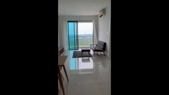 Living features: floor-to-ceiling windows, sliding glass door, white painted walls, polished ceramic tile flooring, ceiling-mounted air conditioning unit, 2-seater sofa, coffee table, area rug, curtains, view of mountains; style: modern; view: mountain.