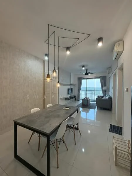 Dining features: rectangular dining table with grey surface, white plastic dining chairs, pendant lighting with multiple bulbs, 5-blade ceiling fan, floor-to-ceiling windows, grey accent wall, light-coloured tiled flooring, wall-mounted TV, curtains, air conditioning unit; style: modern; view: sea.