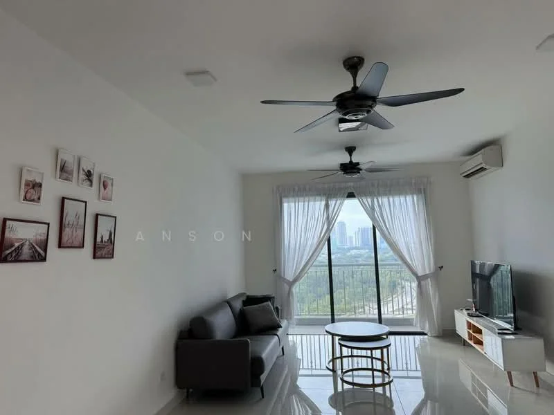 Living features: white painted walls, polished tile flooring, 5-blade ceiling fan with light, floor-to-ceiling windows, sheer curtains, sliding glass door, TV console, wall-mounted TV, coffee table, sofa in grey, decorative wall art, air conditioning unit; style: modern; view: city.