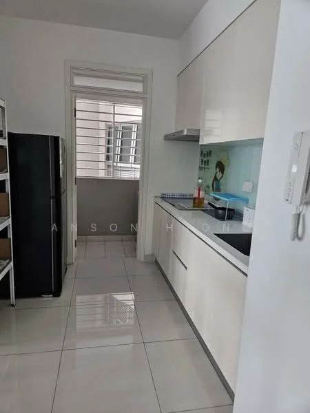 Kitchen features: white cabinetry, black countertop, single-bowl stainless-steel sink, chrome pull-down faucet, built-in oven, stainless-steel fridge, ceramic tile flooring, recessed downlights, backsplash with glass panel, open shelving, window with grille, wall-mounted storage; style: modern.