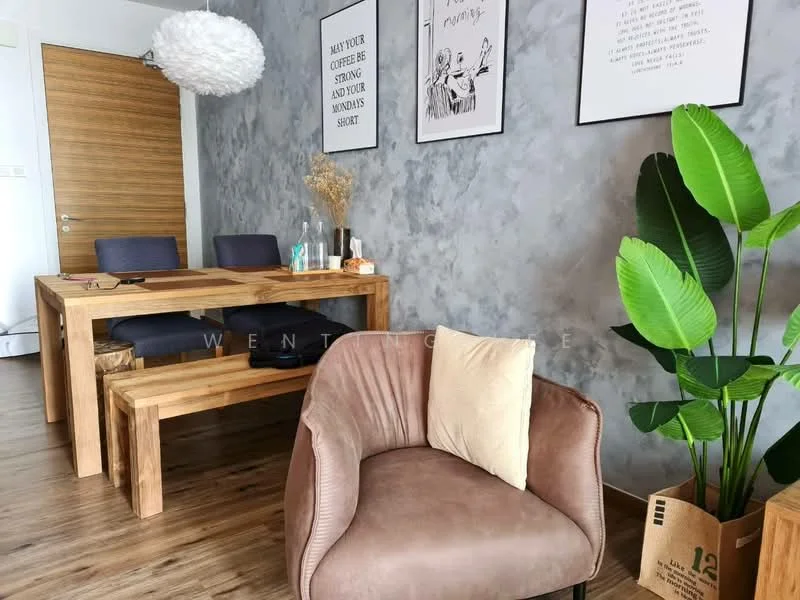 Dining features: wooden dining table, 4 dining chairs, grey accent wall with texture, light wood flooring, decorative wall art, large potted plant, pendant light fixture, decorative vase with dried flowers; style: modern.
