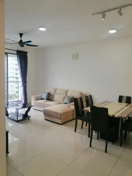 Living features: 3-seater fabric sofa in beige, 2-seater fabric sofa in beige, glass coffee table, dining table with 6 black dining chairs, floor-to-ceiling windows, curtains in dark blue, white painted walls, recessed downlights, ceiling fan with light, tile flooring; style: modern; view: city.