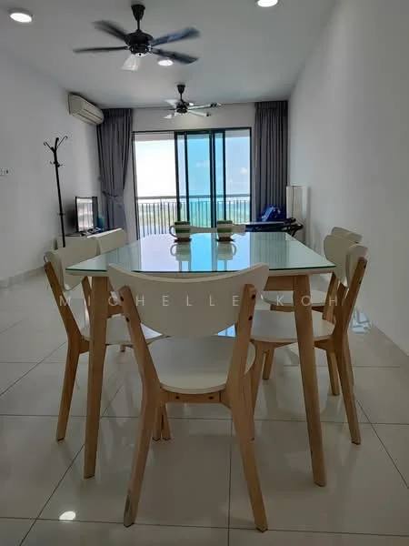 Dining features: white painted walls, glossy tile flooring, 5-blade ceiling fan with light, round glass dining table, 4 wooden dining chairs with white seats, floor-to-ceiling windows, curtains, view of the sea; style: modern; view: sea.