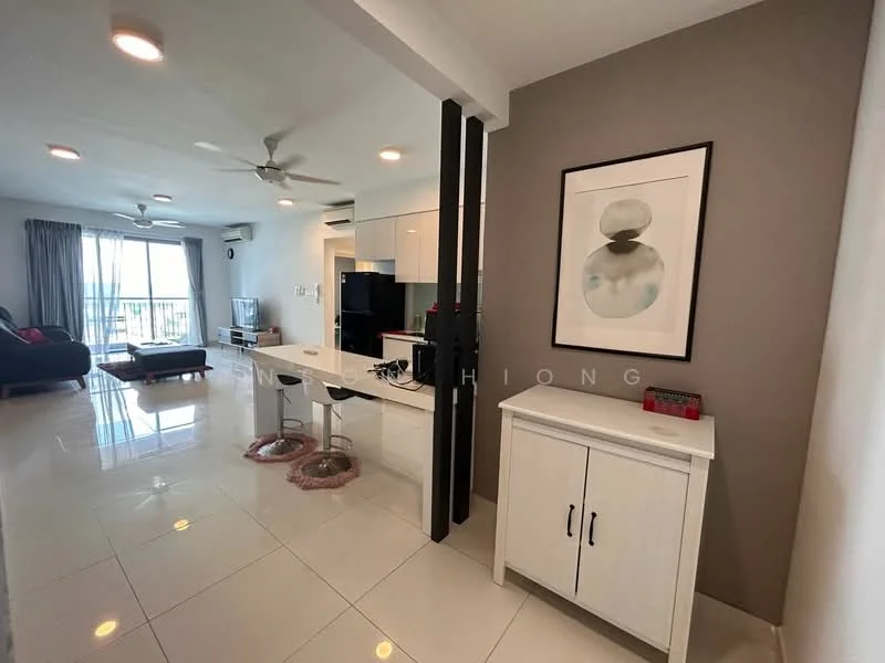 Living features: white painted walls, grey accent wall, glossy tile flooring, 5-blade ceiling fan with light, sofa in black fabric, coffee table, TV console, wall-mounted TV, decorative artwork, curtains, dining table with stools, open layout, floor-to-ceiling windows, balcony view; style: modern; view: city.