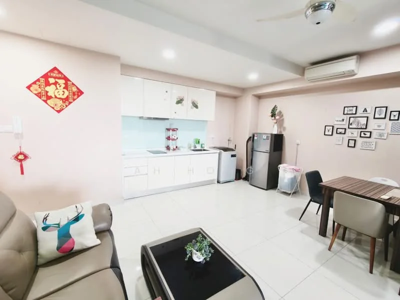 Living features: light beige painted walls, white kitchen cabinetry, light blue backsplash, stainless-steel fridge, built-in oven, freestanding washing machine, 4-seater dining table, 2 dining chairs, 3-seater fabric sofa in light grey, coffee table with glass top, ceiling fan with light, decorative wall art, wall-mounted air conditioning unit, ceramic tile flooring; style: modern.