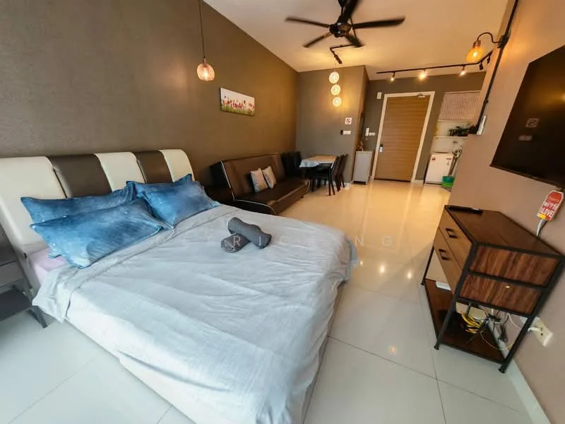 Bedroom features: king-size bed with grey bedding, upholstered headboard, 2 bedside pillows, ceiling fan with light, wall-mounted TV, wooden TV console, dining table for 4, black leather sofa, white tiled flooring, decorative wall art, recessed lighting, open kitchen area visible; style: modern.