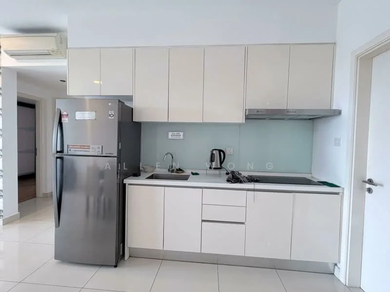Kitchen features: white cabinetry, stainless-steel fridge, built-in oven, stainless-steel sink, chrome pull-down faucet, glass backsplash, ceramic tile flooring, recessed downlights, countertop with space for appliances, kettle, dish drying rack; style: modern.