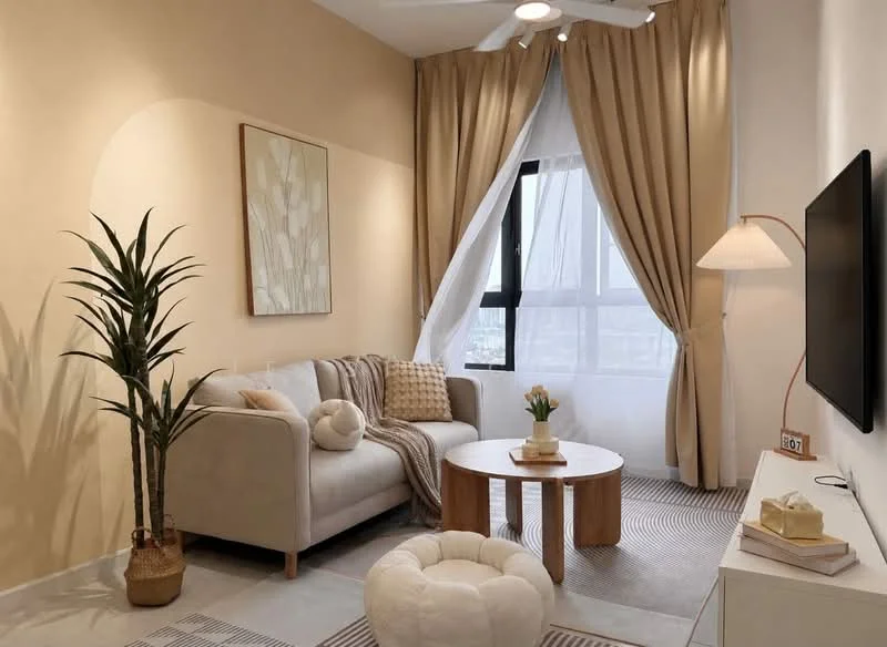 Living features: beige fabric 3-seater sofa, round wooden coffee table, floor lamp with white shade, wall-mounted TV, light beige curtains, white sideboard, decorative plant in pot, textured area rug, decorative cushions, wall art with abstract design, ceiling fan with light; style: modern; view: city.