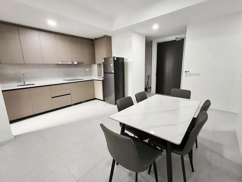 Dining features: 6-seater dining table with marble top, upholstered dining chairs in grey, white painted walls, grey cabinetry, stainless-steel fridge, built-in kitchen cabinets, ceramic tile flooring, recessed downlights, single-bowl stainless-steel sink, wall-mounted kitchen range hood, grey backsplash, open kitchen layout; style: modern.