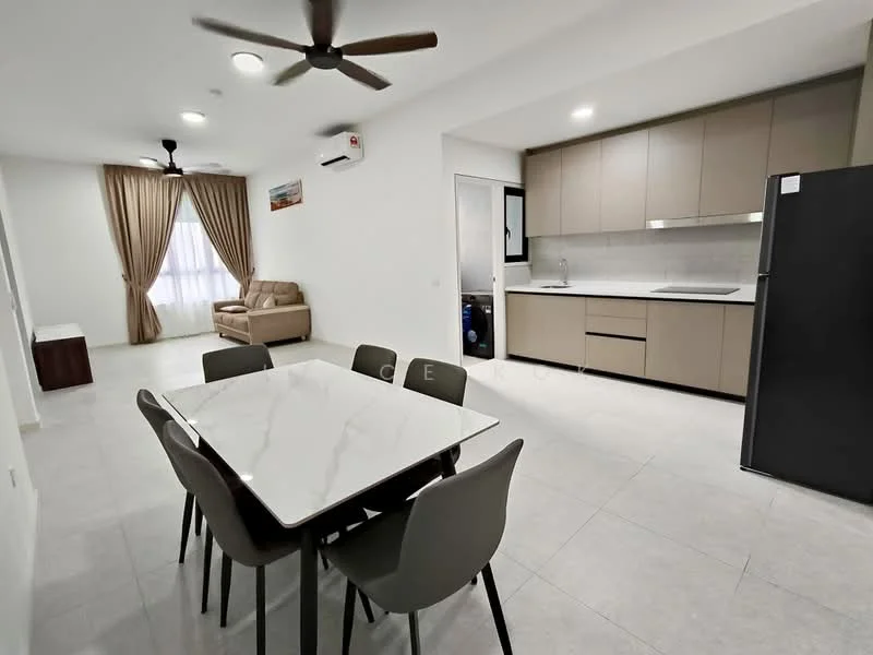 Dining features: 6-seater dining table with marble top, grey upholstered dining chairs, pendant lamp, recessed LED downlights, floor-to-ceiling window with sheer curtains, air conditioning unit, light-coloured tiled flooring, neutral painted walls; style: modern. Living features: beige fabric sofa, coffee table, TV console, wall-mounted TV, light-coloured tiled flooring, neutral painted walls, curtains, ceiling fan; style: modern. Kitchen features: built-in kitchen cabinets in light colour, white countertop, stainless-steel fridge, built-in oven, 4-burner gas hob, single-bowl stainless-steel sink, chrome pull-down faucet, tile backsplash; style: modern.