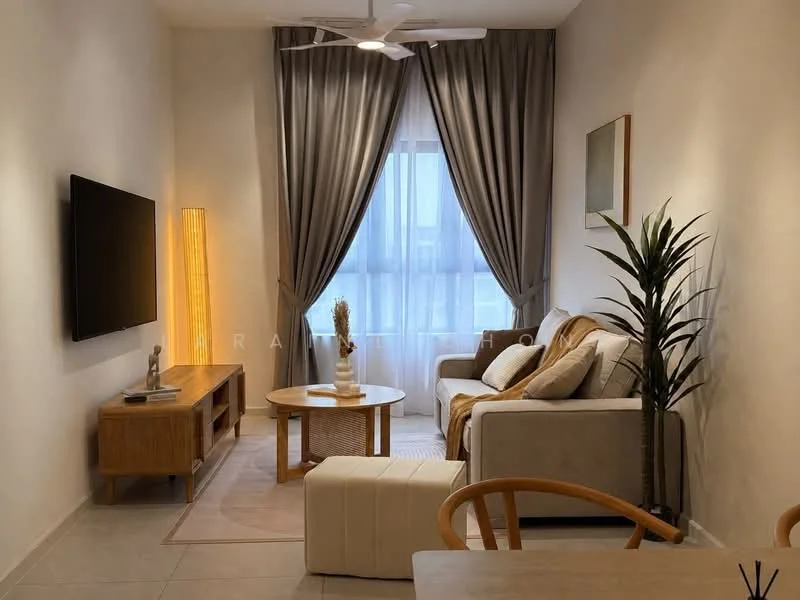 Living features: 3-seater fabric sofa in white, wooden coffee table, TV console with wall-mounted TV, floor lamp with warm light, decorative plant in pot, area rug with neutral tones, curtains in grey, ceiling fan with light, light-colored walls, tile flooring; style: modern.