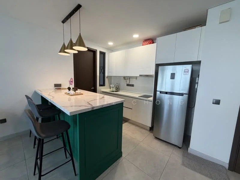 Kitchen features: green kitchen island with seating, white cabinetry, stainless-steel fridge, built-in oven, ceramic tile flooring, pendant lights above island, white quartz countertop, sink with faucet, wall-mounted cabinets, tile backsplash; style: modern.