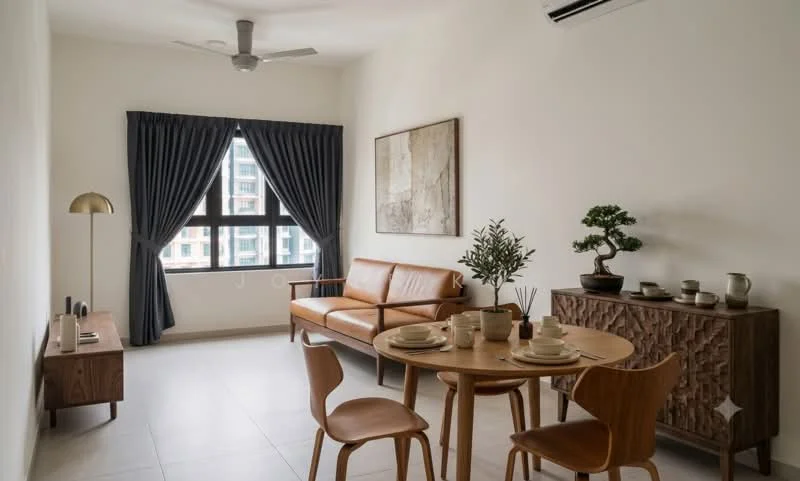 Living features: 5-blade ceiling fan, floor-to-ceiling windows, dark blue curtains, light beige painted walls, light-colored tile flooring, brown leather sofa, wooden coffee table, wooden sideboard, decorative plant, framed artwork on wall, dining table with four chairs, tableware on dining table; style: modern; view: city.
