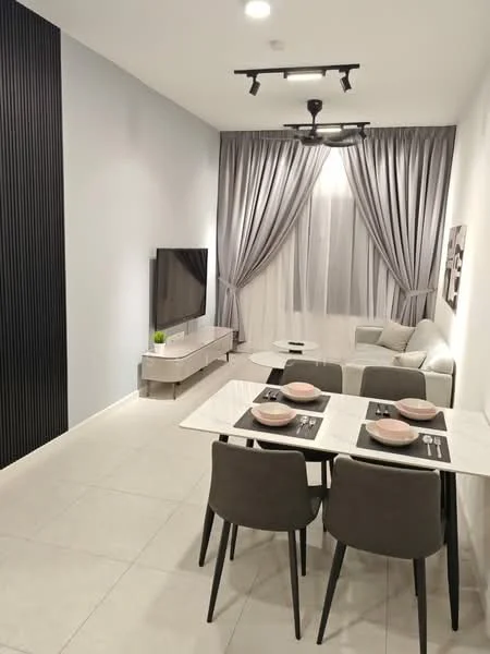 Living features: light grey sofa, white coffee table, wall-mounted TV, grey curtains, recessed ceiling lights, black accent wall, white sideboard, tile flooring; style: modern. Dining features: 4-seater dining table, grey upholstered dining chairs, white table top, black placemats; style: modern.