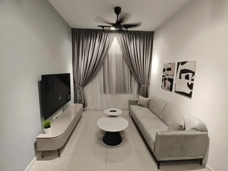 Living features: light grey fabric sofa, round coffee table with black base, wall-mounted flat-screen TV, light grey curtains, white painted walls, ceramic tile flooring, ceiling fan with light, abstract wall art; style: modern.