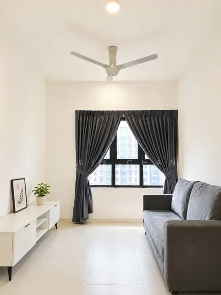 Living features: grey fabric sofa, white TV console, floor-to-ceiling window, blackout curtains, ceiling fan, decorative plant in ceramic pot, light-colored tiled flooring, white painted walls; style: modern; view: city.