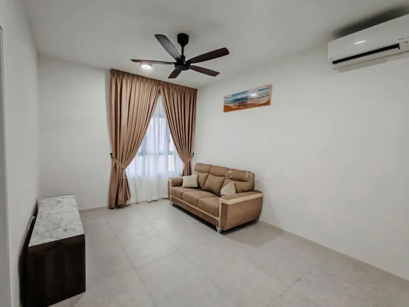 Living features: 3-seater fabric sofa in beige, ceiling fan, wall-mounted split AC, floor-to-ceiling window with sheer curtains, light-colored walls, tile flooring, decorative wall art, TV console with marble top; style: modern.