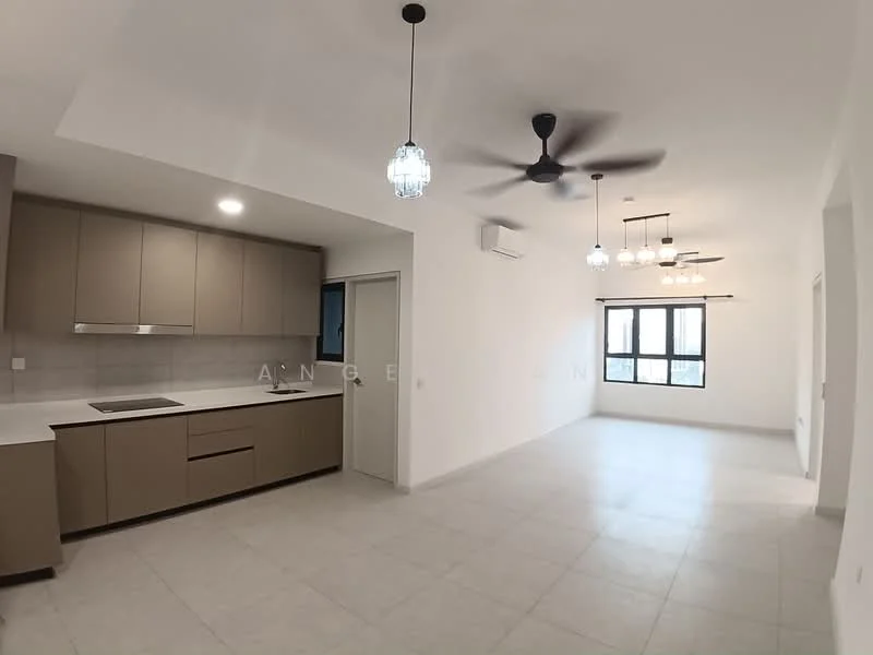 Kitchen features: light brown cabinetry, white countertop, single-bowl stainless-steel sink, chrome pull-down faucet, built-in oven, 4-burner gas hob, recessed downlights, tile flooring; style: modern. Living features: open layout, 2 ceiling fans, 3 pendant lights, large windows, tile flooring, white painted walls; style: modern.
